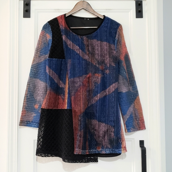 This & That Womens M Layered Mixed Media Longline Abstract Split Front Tunic Top - Picture 7 of 8